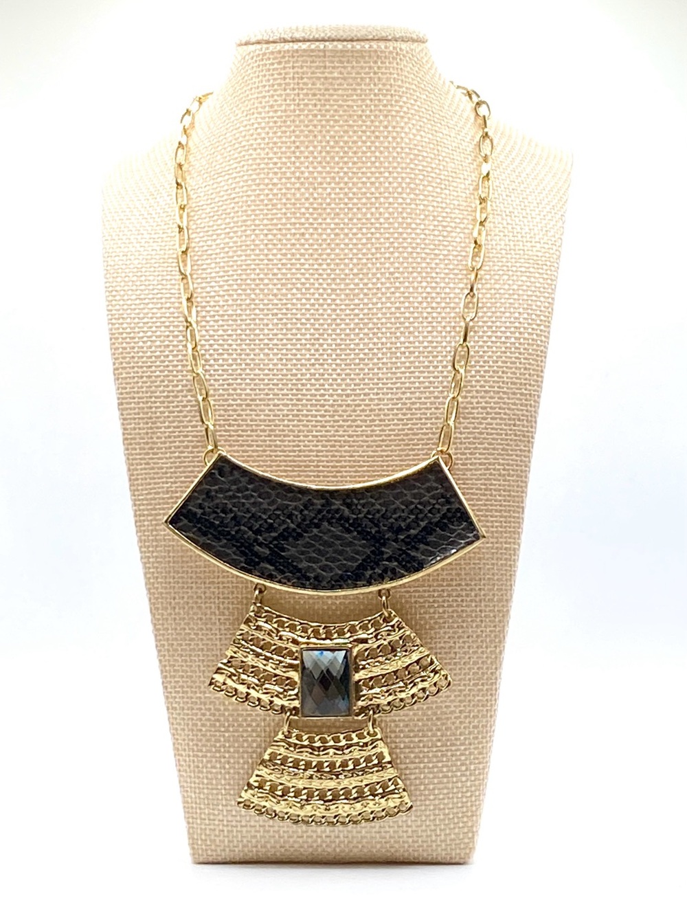 Boho Gold Tiered Shield Statement Necklace Snakeskin Faux Leather Smoky Crystal